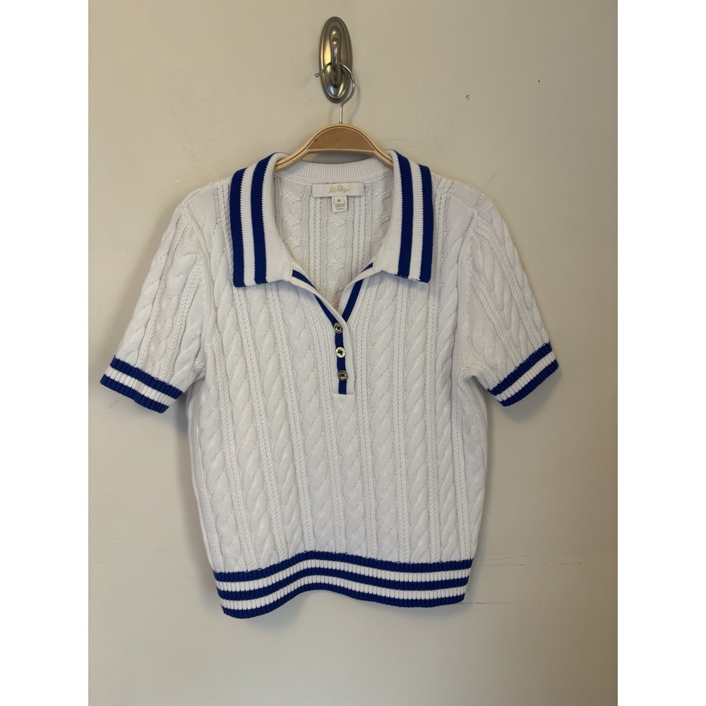 Lilly Pulitzer Suzette Cable Polo Sweater White Blue Golf Preppy Medium Cotton